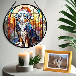 Christmas Dog Stained Glass Suncatcher | Unique Holiday Gift for Dog Lovers | Australian Shepherd