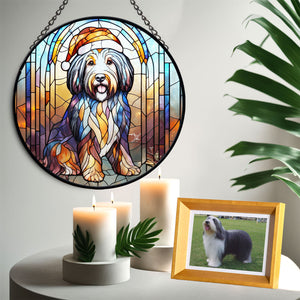 Christmas Dog Stained Glass Suncatcher | Unique Holiday Gift for Dog Lovers | Bearded Collie