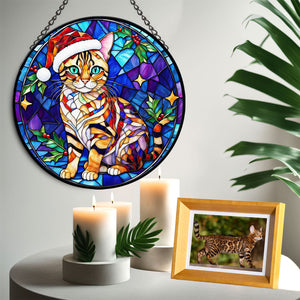 Christmas Cat Stained Glass Suncatcher | Unique Holiday Gift for Cat Lovers | Bengal Cat