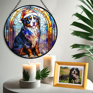 Christmas Dog Stained Glass Suncatcher | Unique Holiday Gift for Dog Lovers | Bernese Mountain