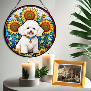 Bichon Frise Stained Glass Suncatcher, Bichon Frise Sunflower Suncatcher for Windows Stained Glass