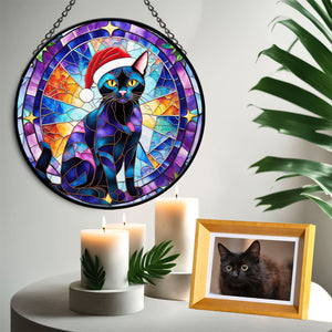 Christmas Cat Stained Glass Suncatcher | Unique Holiday Gift for Cat Lovers | Bombay Cat 01