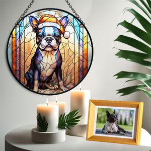 Christmas Dog Stained Glass Suncatcher | Unique Holiday Gift for Dog Lovers | Boston Terrier