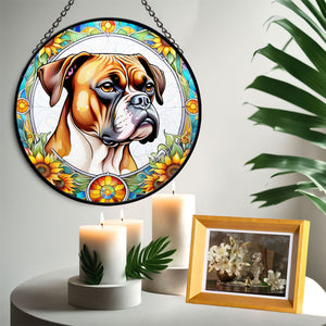 Boxer Dog Stained Glass Suncatcher, Boxer Dog Sunflower Suncatcher for Windows Stained Glass