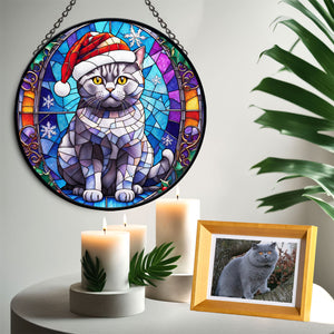 Christmas Cat Stained Glass Suncatcher | Unique Holiday Gift for Cat Lovers | British Shorthair Cat