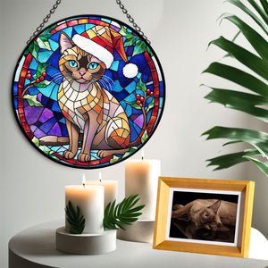 Christmas Cat Stained Glass Suncatcher | Unique Holiday Gift for Cat Lovers | Burmese Cat