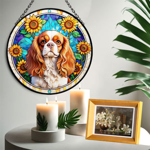 Cavalier King Charles Spaniel Stained Glass Suncatcher, Cavalier King Charles Spaniel Sunflower Suncatcher for Windows Stained Glass