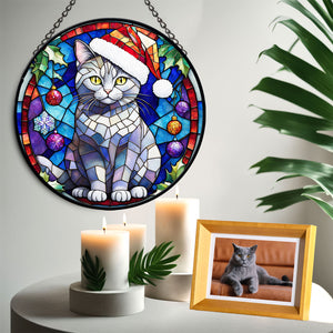 Christmas Cat Stained Glass Suncatcher | Unique Holiday Gift for Cat Lovers | Chartreux Cat