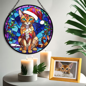 Christmas Cat Stained Glass Suncatcher | Unique Holiday Gift for Cat Lovers | Abyssinian Cat