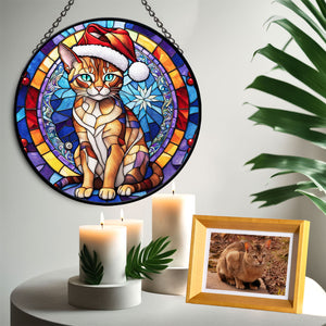 Christmas Cat Stained Glass Suncatcher | Unique Holiday Gift for Cat Lovers | Chausie Cat