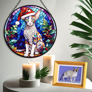 Christmas Cat Stained Glass Suncatcher | Unique Holiday Gift for Cat Lovers | Cornish Rex Cat