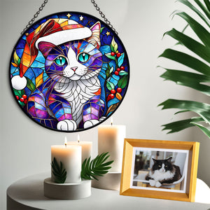 Christmas Cat Stained Glass Suncatcher | Unique Holiday Gift for Cat Lovers | Cymric Cat