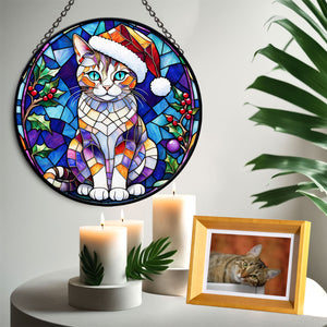 Christmas Cat Stained Glass Suncatcher | Unique Holiday Gift for Cat Lovers | European Shorthair Cat