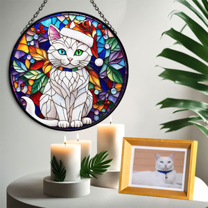 Christmas Cat Stained Glass Suncatcher | Unique Holiday Gift for Cat Lovers | Manee Cat