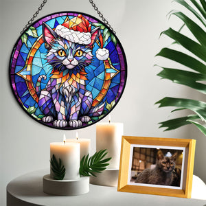 Christmas Cat Stained Glass Suncatcher | Unique Holiday Gift for Cat Lovers | Lykoi Cat