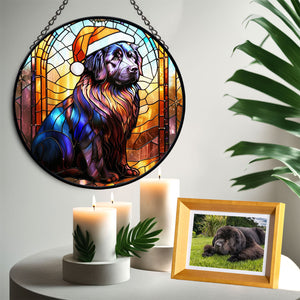 Christmas Dog Stained Glass Suncatcher | Unique Holiday Gift for Dog Lovers | Newfoundland