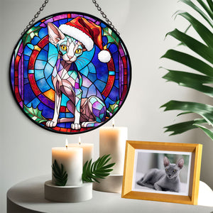 Christmas Cat Stained Glass Suncatcher | Unique Holiday Gift for Cat Lovers | Peterbald Cat