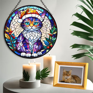 Christmas Cat Stained Glass Suncatcher | Unique Holiday Gift for Cat Lovers | Pixie-bob Cat