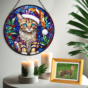 Christmas Cat Stained Glass Suncatcher | Unique Holiday Gift for Cat Lovers | Savannah Cat