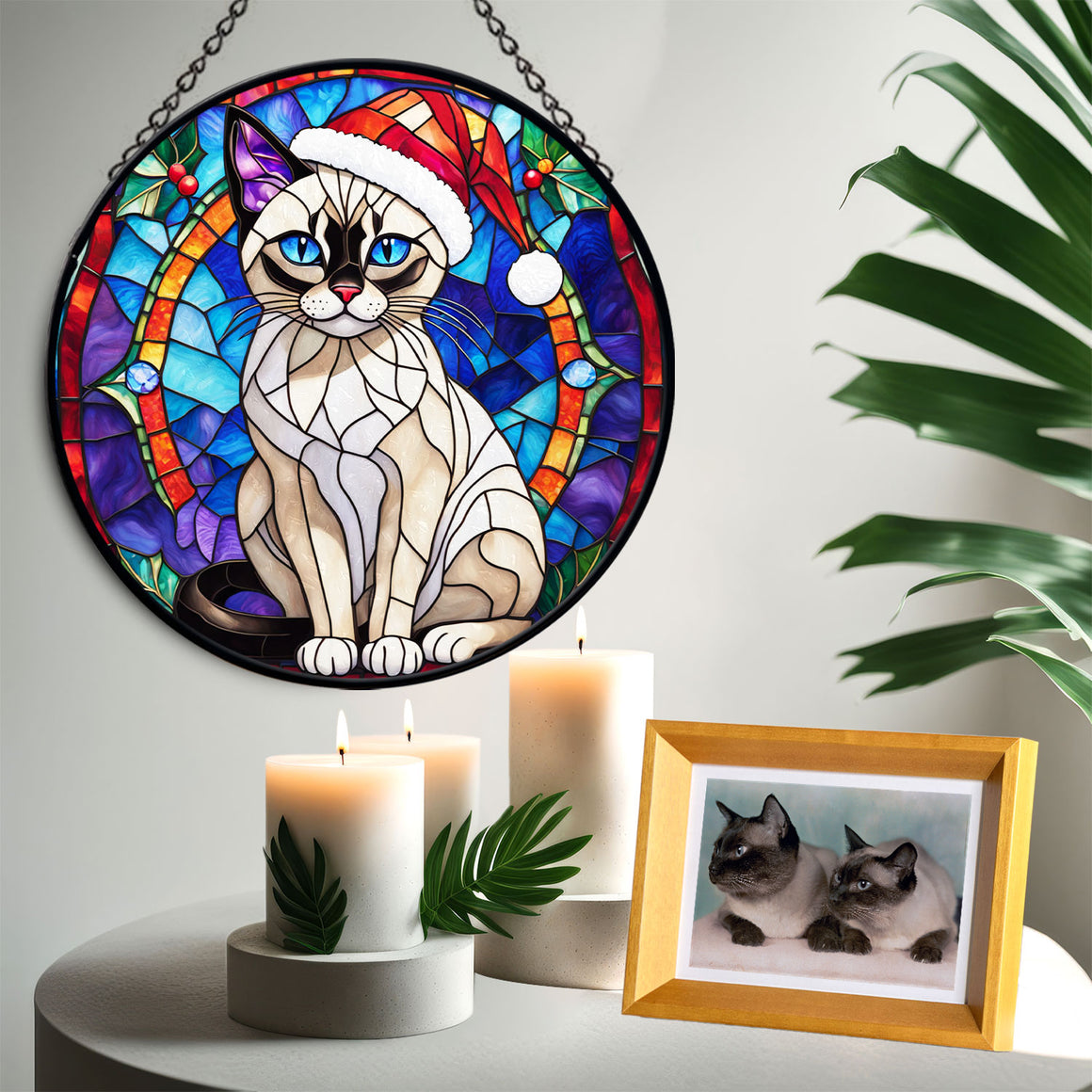 Christmas Cat Stained Glass Suncatcher | Unique Holiday Gift for Cat Lovers | Siamese Cat