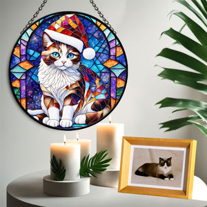 Christmas Cat Stained Glass Suncatcher | Unique Holiday Gift for Cat Lovers | Snowshoe Cat