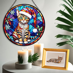 Christmas Cat Stained Glass Suncatcher | Unique Holiday Gift for Cat Lovers | Toyger Cat