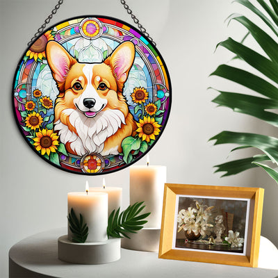 Corgi Stained Glass Suncatcher, Corgi Sunflower Suncatcher for Windows Stained Glass