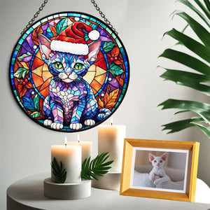 Christmas Cat Stained Glass Suncatcher | Unique Holiday Gift for Cat Lovers | Devon Rex Cat