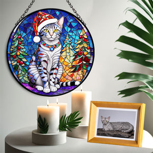 Christmas Cat Stained Glass Suncatcher | Unique Holiday Gift for Cat Lovers | Egyptian Mau Cat