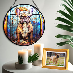 Christmas Dog Stained Glass Suncatcher | Unique Holiday Gift for Dog Lovers | French Bulldog