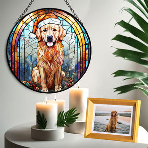 Christmas Dog Stained Glass Suncatcher | Unique Holiday Gift for Dog Lovers | Golden Retriever