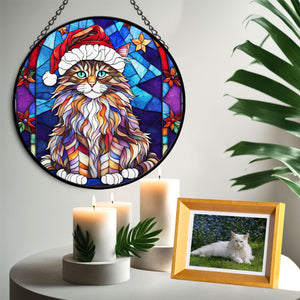 Christmas Cat Stained Glass Suncatcher | Unique Holiday Gift for Cat Lovers | Maine Coon Cat