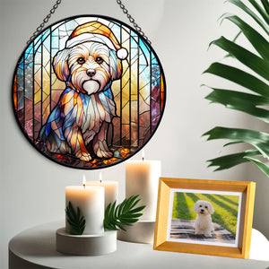 Christmas Dog Stained Glass Suncatcher | Unique Holiday Gift for Dog Lovers | Maltese