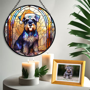 Christmas Dog Stained Glass Suncatcher | Unique Holiday Gift for Dog Lovers | Miniature Schnauzer