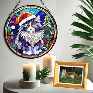 Christmas Cat Stained Glass Suncatcher | Unique Holiday Gift for Cat Lovers | Norwegian Forest Cat