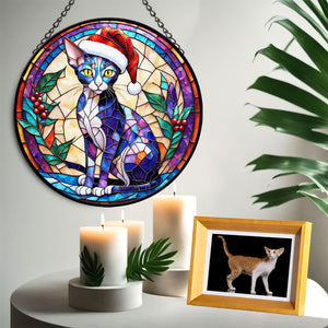 Christmas Cat Stained Glass Suncatcher | Unique Holiday Gift for Cat Lovers |Oriental Shorthair Cat