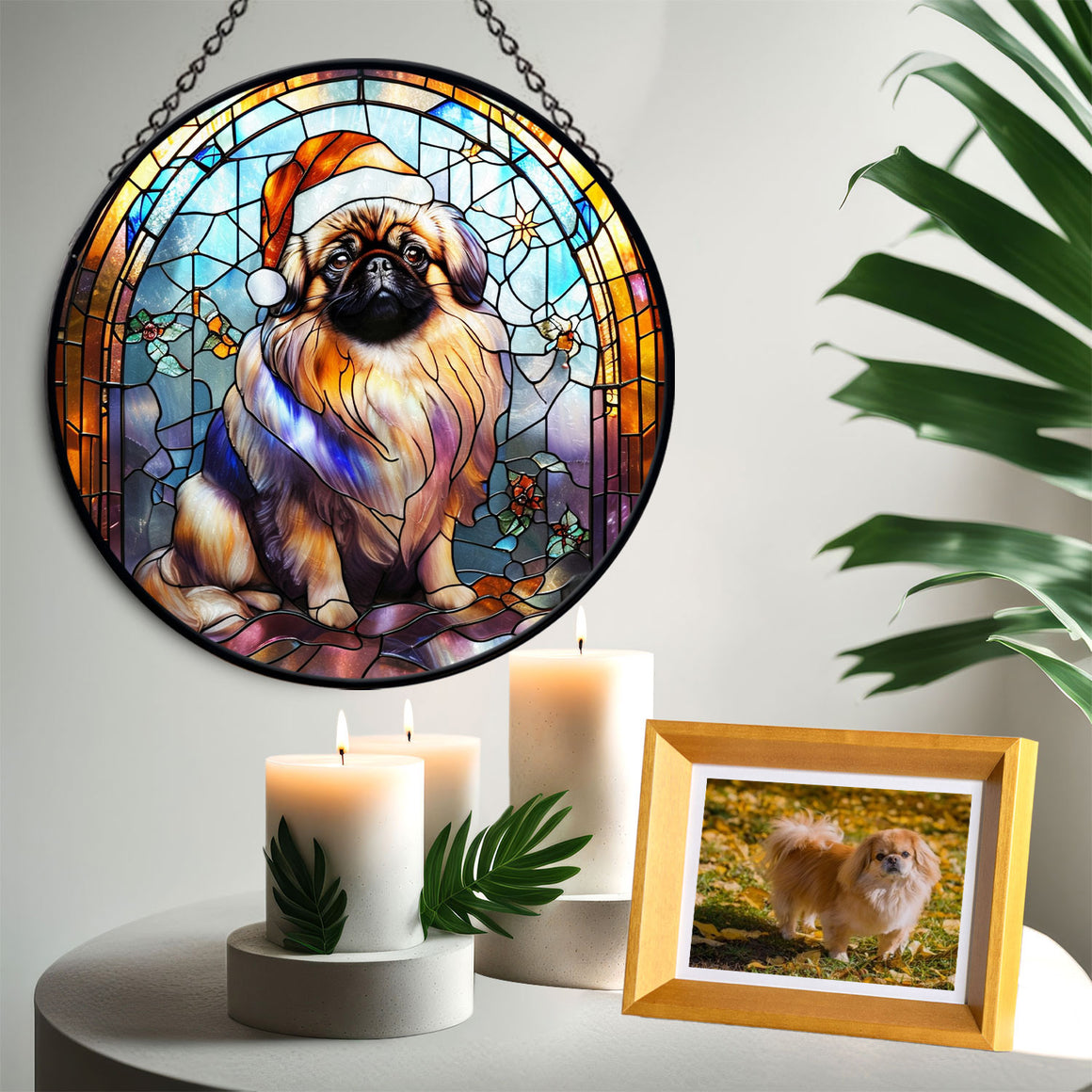 Christmas Dog Stained Glass Suncatcher | Unique Holiday Gift for Dog Lovers | Pekingese