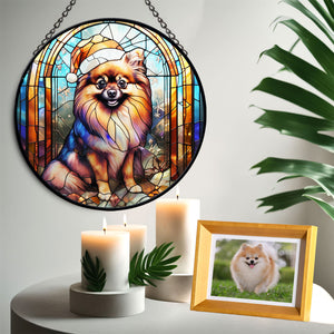 Christmas Dog Stained Glass Suncatcher | Unique Holiday Gift for Dog Lovers | Pomeranian