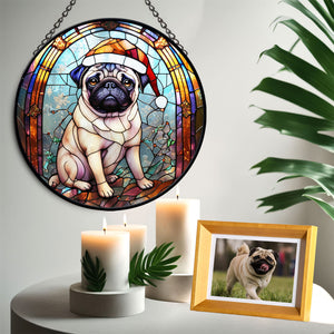 Christmas Dog Stained Glass Suncatcher | Unique Holiday Gift for Dog Lovers | Pug