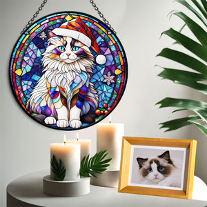 Christmas Cat Stained Glass Suncatcher | Unique Holiday Gift for Cat Lovers | Ragdoll Cat