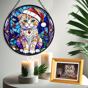 Christmas Cat Stained Glass Suncatcher | Unique Holiday Gift for Cat Lovers | Scottish Fold Cat