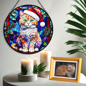 Christmas Cat Stained Glass Suncatcher | Unique Holiday Gift for Cat Lovers | Selkirk Rex Cat