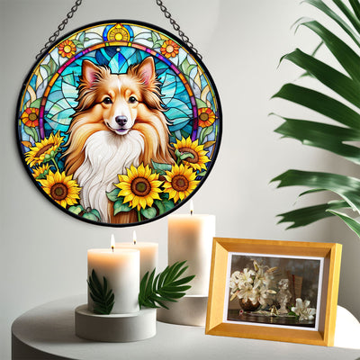 Shetland Sheepdog Stained Glass Suncatcher, Shetland Sheepdog Sunflower Suncatcher for Windows Stained Glass