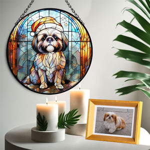 Christmas Dog Stained Glass Suncatcher | Unique Holiday Gift for Dog Lovers | Shih Tzu