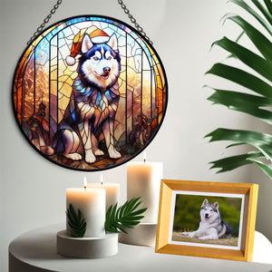 Christmas Dog Stained Glass Suncatcher | Unique Holiday Gift for Dog Lovers | Siberian Husky