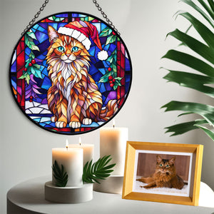 Christmas Cat Stained Glass Suncatcher | Unique Holiday Gift for Cat Lovers | Somali Cat