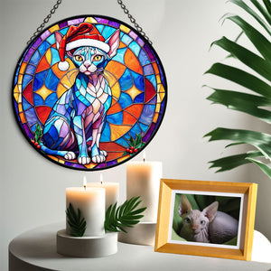 Christmas Cat Stained Glass Suncatcher | Unique Holiday Gift for Cat Lovers | Sphynx Cat