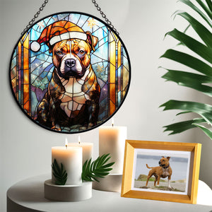 Christmas Dog Stained Glass Suncatcher | Unique Holiday Gift for Dog Lovers | Staffordshire Bull Terrier