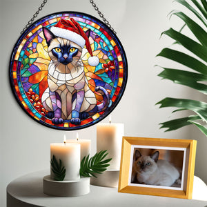 Christmas Cat Stained Glass Suncatcher | Unique Holiday Gift for Cat Lovers | TonkinesecCat