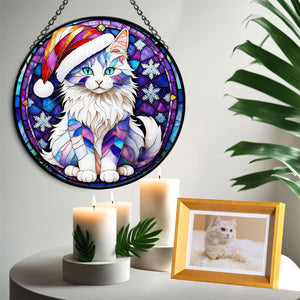 Christmas Cat Stained Glass Suncatcher | Unique Holiday Gift for Cat Lovers | Turkish Angora Cat